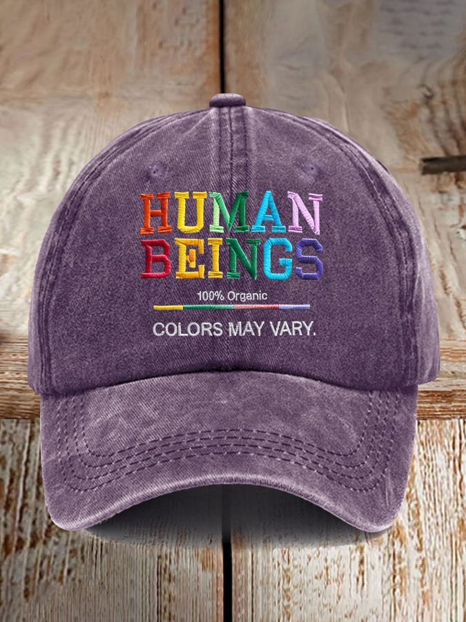 Retro Human Beings 100% Organic Colors May Vary Human Rights Equality Pride Print Baseball Cap
