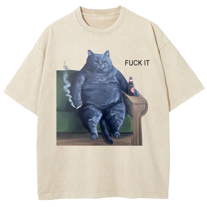 Funny Fat Smoking Cat Art Print Washed T-Shirt
