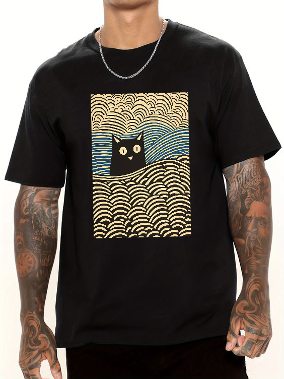 Wave Japanese Cat Art Cotton casual T-shirt