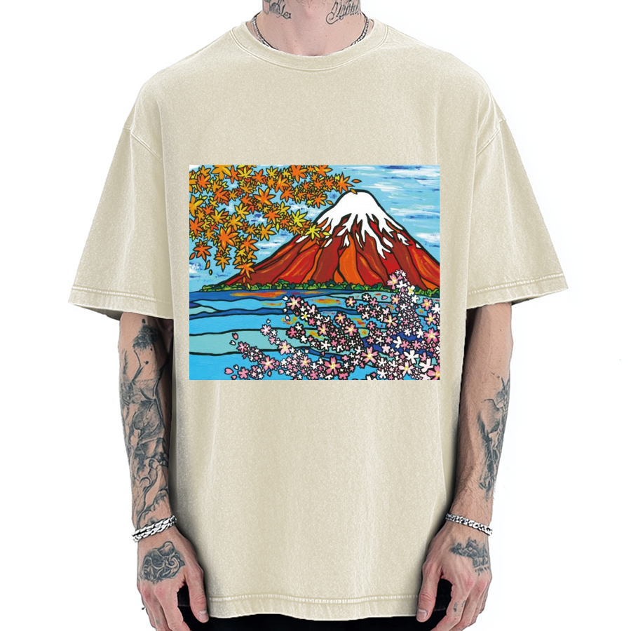 Mt Fuji Janapese Style Painting Vintage Washed T-shirt