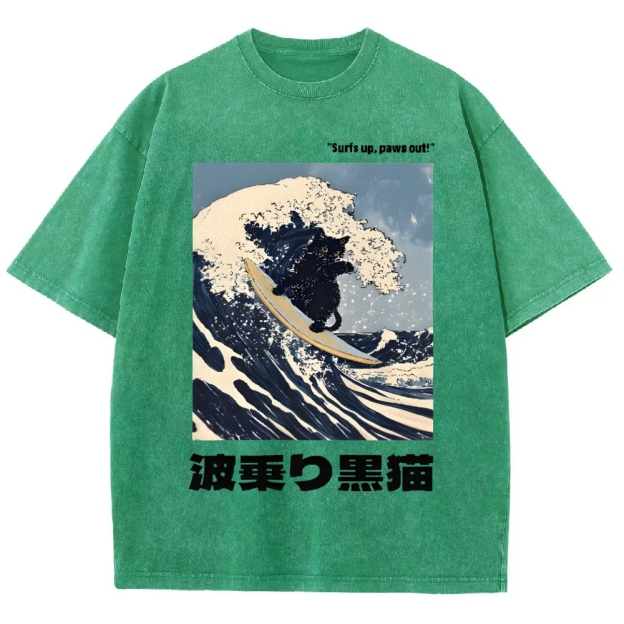 Black Cat Great Wave Vintage Wash Japanese Design T-Shirt