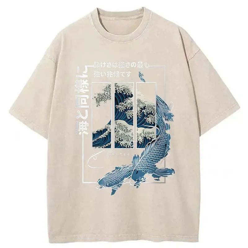 Ukiyoe Waves And Fish Washed T-Shirt