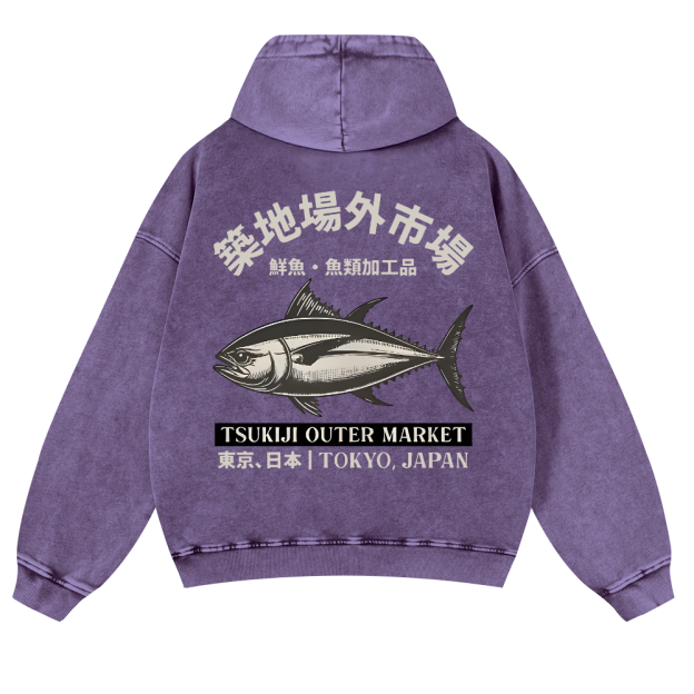 Tsukiji Market Tuna Fish Vintage Washed Cotton Back Art Hoodie