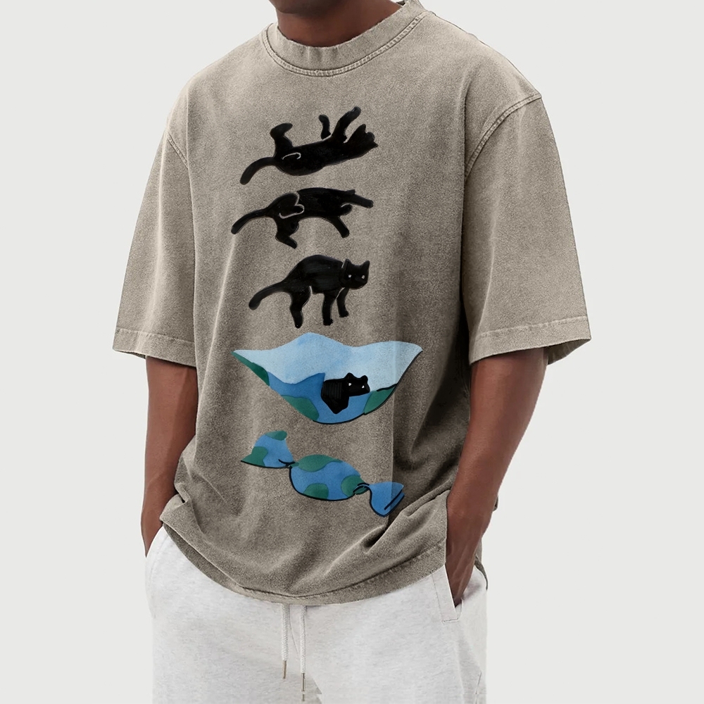 Cat Landing Washed Vintage Short Sleeves T-Shirt
