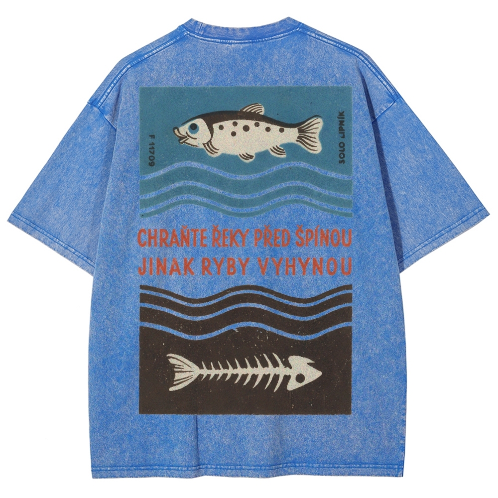Fish And Fish Bone Washed Vintage Short Sleeves T-Shirt