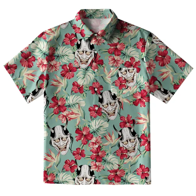  Oni Mask And Flower Button-up Shirt