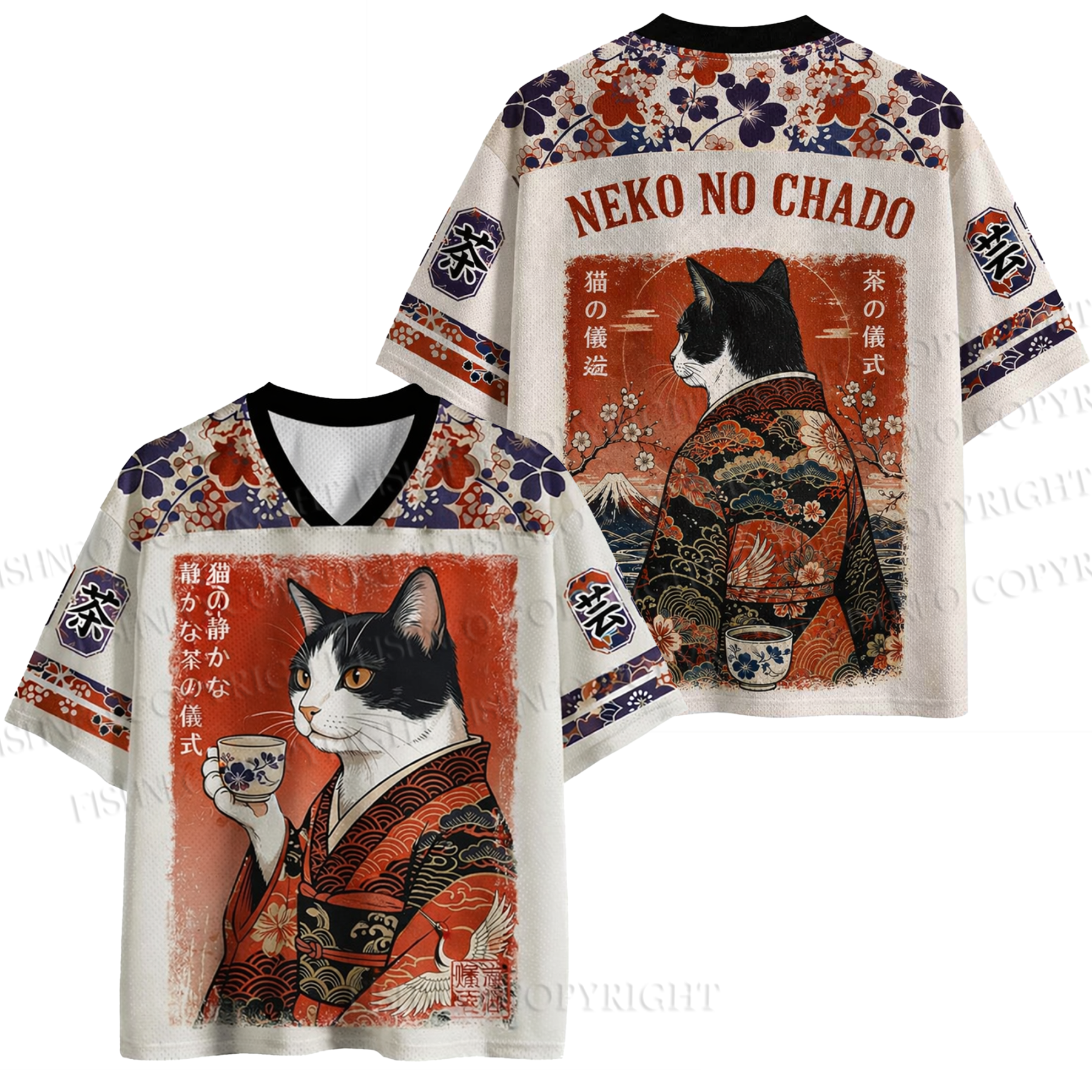 Vintage Ukiyo-e Tea Cat Print Jersey Shirts