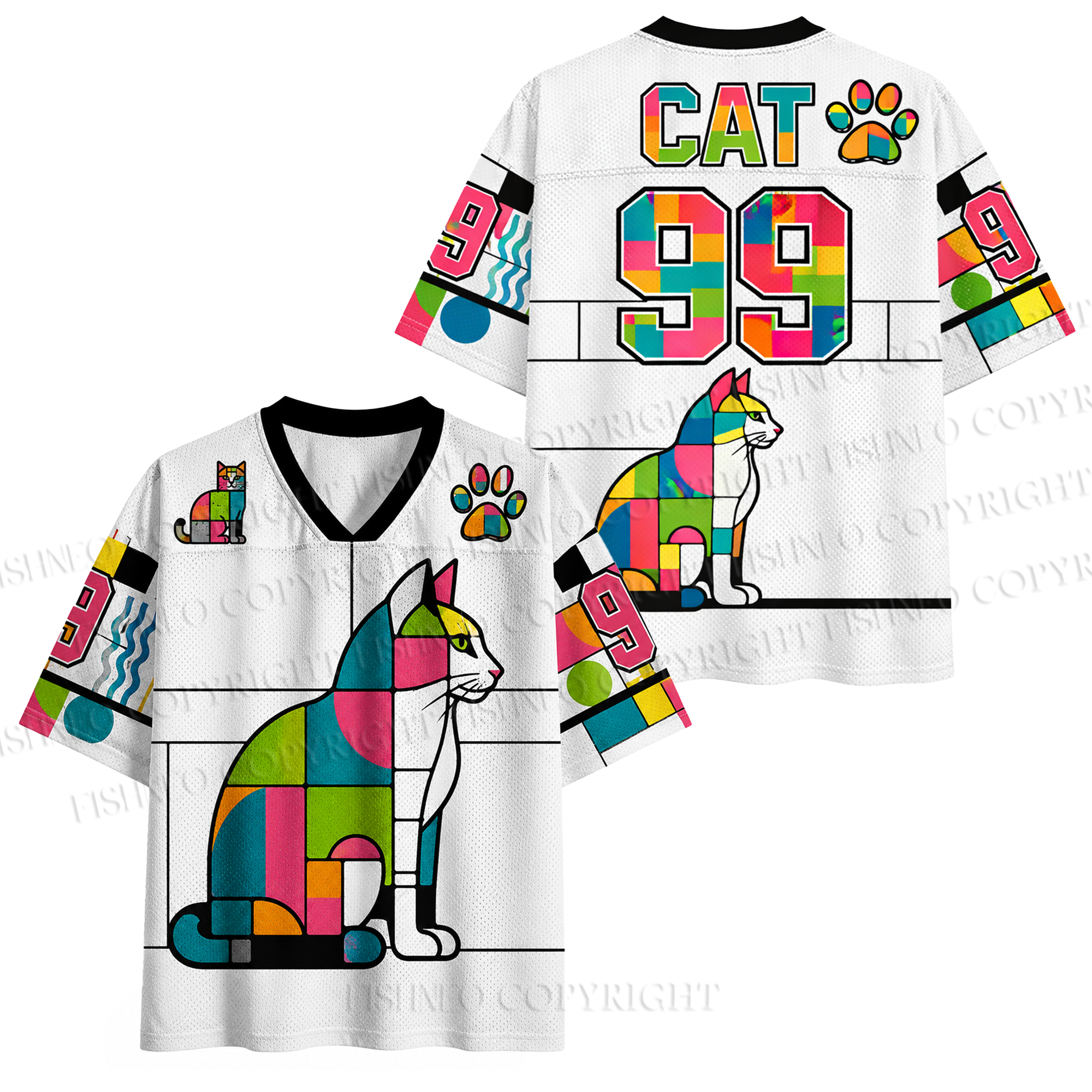 Mondrian Style Color Block Cat Jersey Shirts
