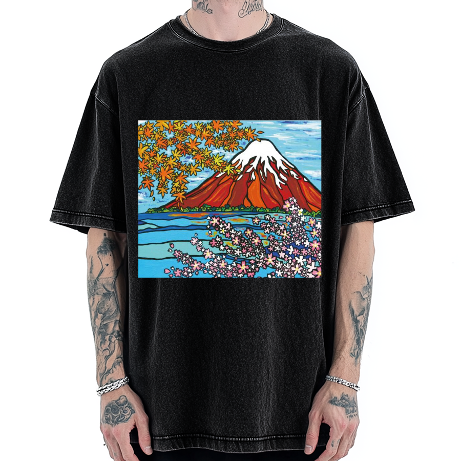 Mt Fuji Janapese Style Painting Vintage Washed T-shirt
