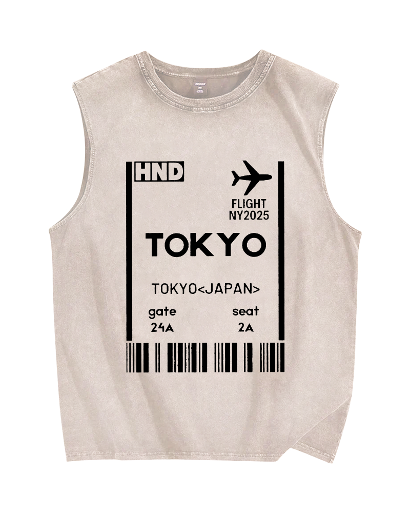 Tokyo Boarding Card Vintage Distressed Washed Tank Top