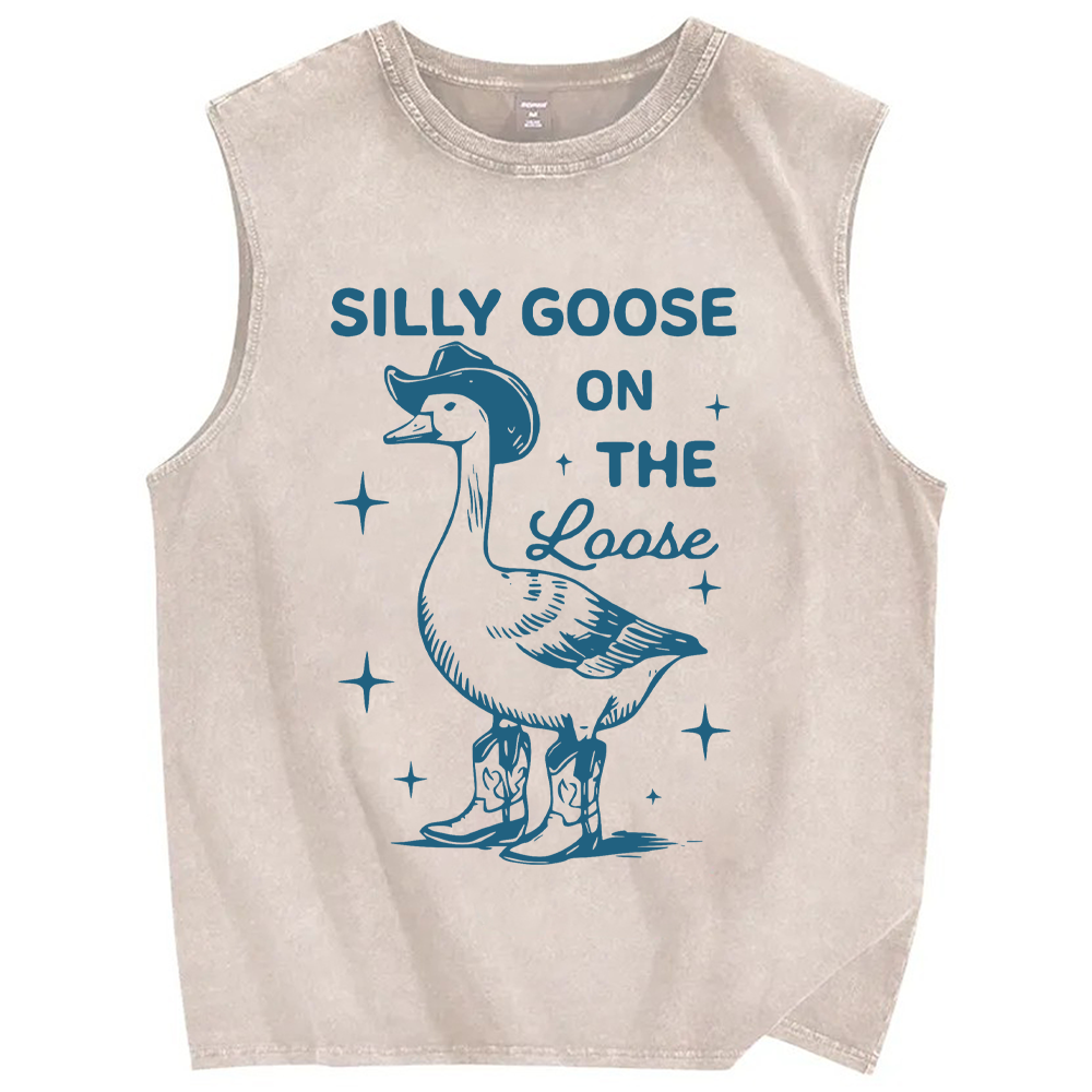 Unisex Vintage Silly Goose On The Loose Printed Washed Tank Top