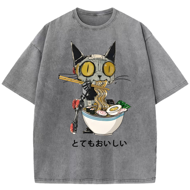  Ramen Lover Robot Cat Washed T-Shirt