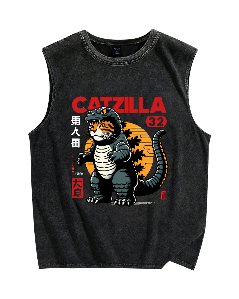 Japanese Mischievous Cat Vintage Distressed Washed Tank Top