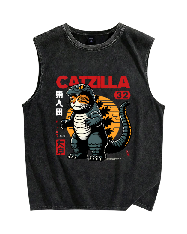 Japanese Mischievous Cat Vintage Distressed Washed Tank Top