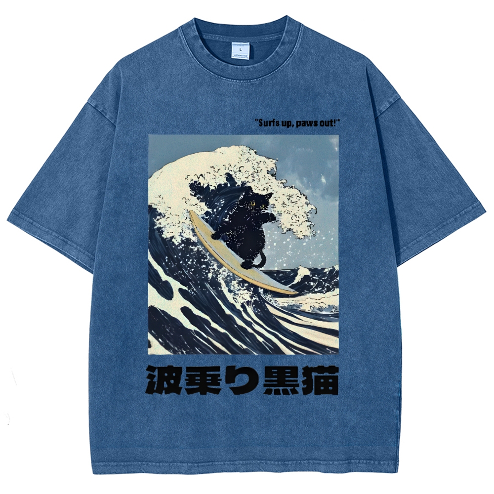 Black Cat Great Wave Vintage Wash Japanese Design T-Shirt