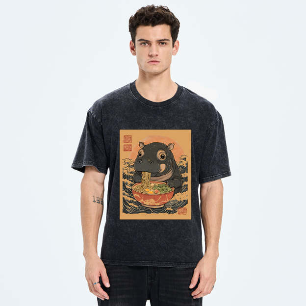 Moo Deng Eat Ramen Washed T-Shirt
