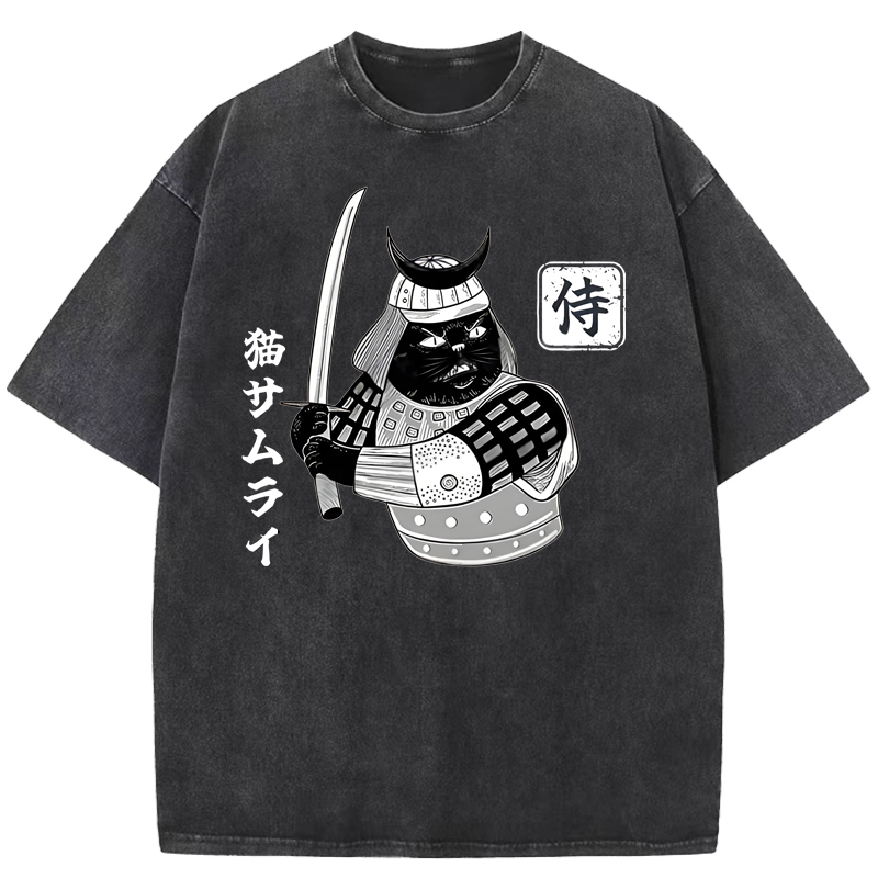  Cat Samurai With Sword Washed T-Shirt