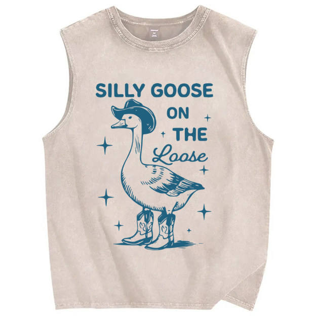 Unisex Vintage Silly Goose On The Loose Printed Washed Tank Top