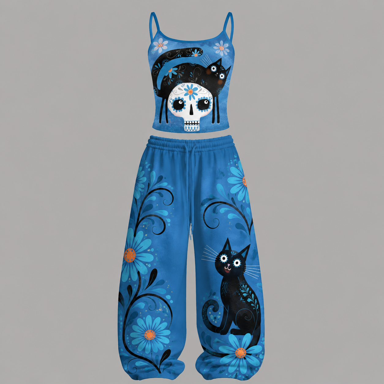 Blue Black Cat Sugar Skull Florals Top & Elasticated Trousers Two-Piece Set