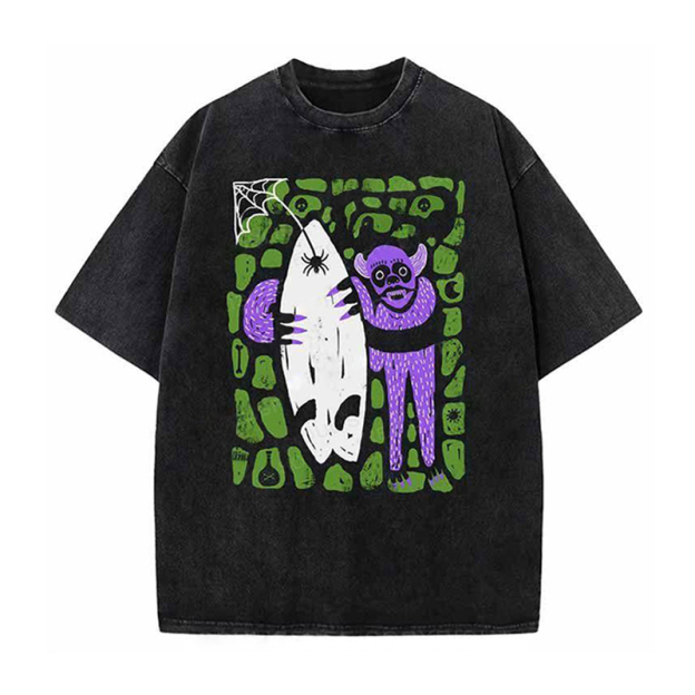 Unisex Monsters Hugging Fish Printed Washed Tee