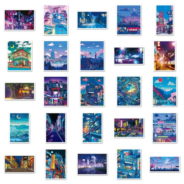 50 Japanese Anime Night Scene Stickers