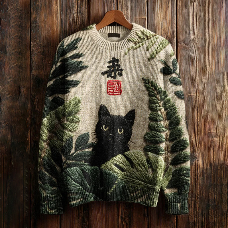 Men's Black Cat And Palm Leaf Art Print Sweatshirt