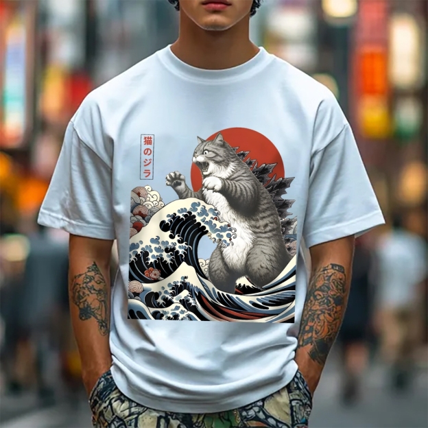 Cat Godzilla Ukiyoe Great Wave Japanese Style Classic Tee