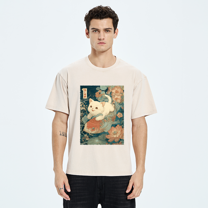Unisex Cat And Koi Washed T-Shirt