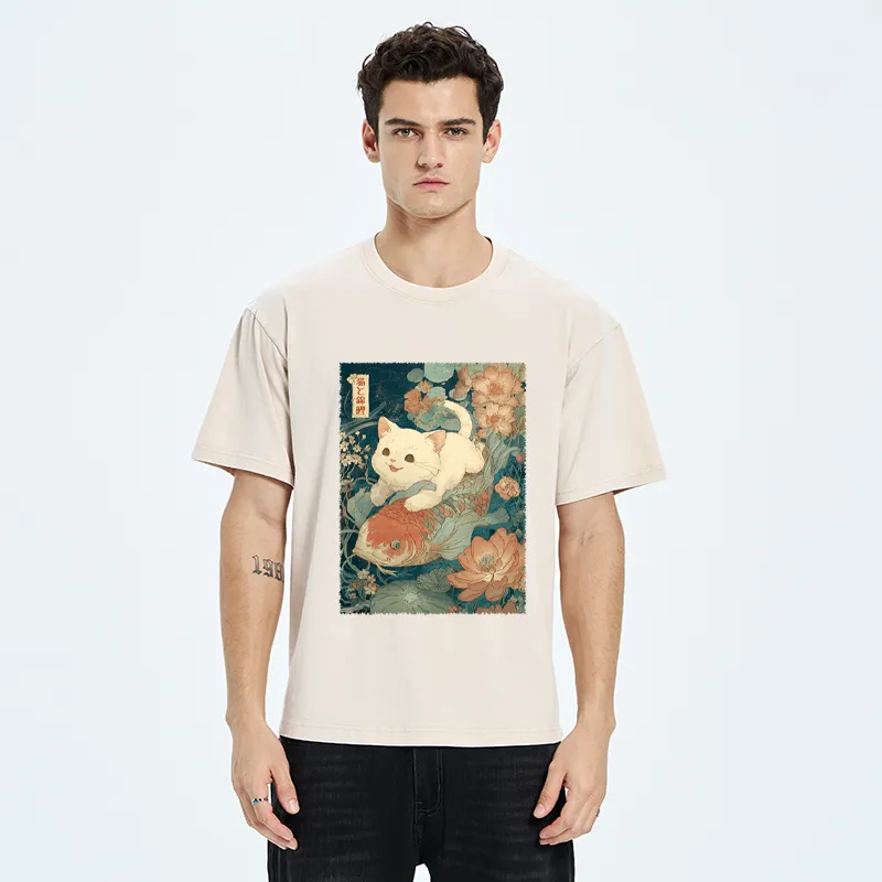 Unisex Cat And Koi Washed T-Shirt