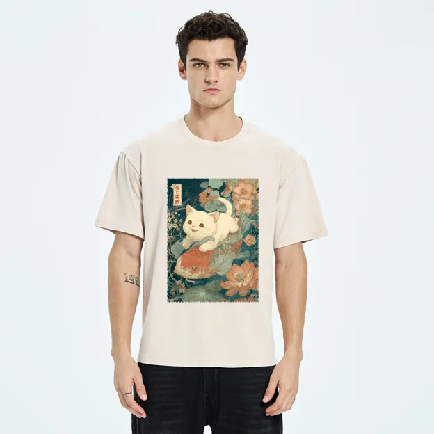 Unisex Cat And Koi Washed T-Shirt