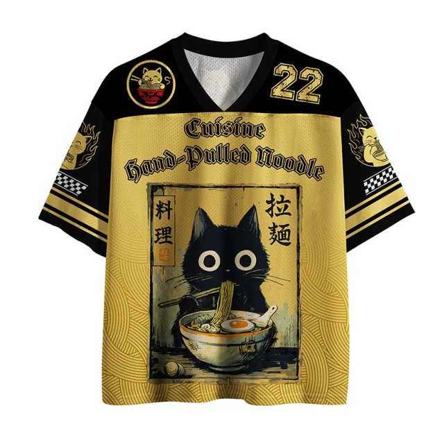 Unisex Cute Black Cat Eating Ramen Japan Mesh Jersey