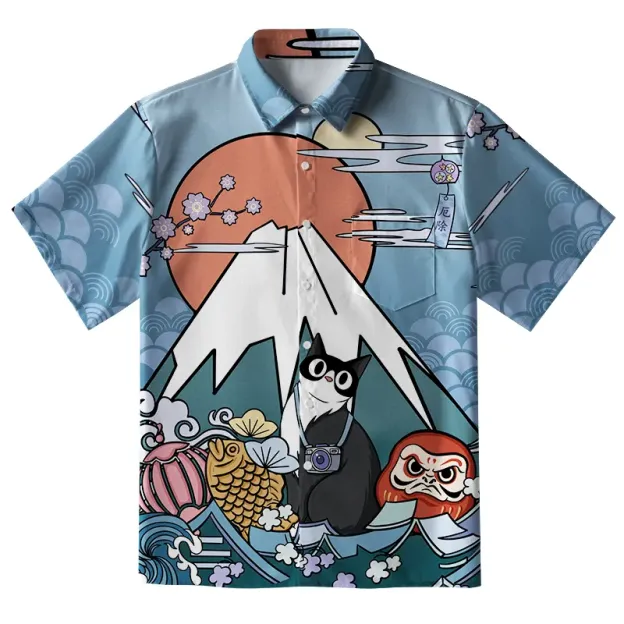 Mount Fuji Landscape With Cat Button-up Shirt