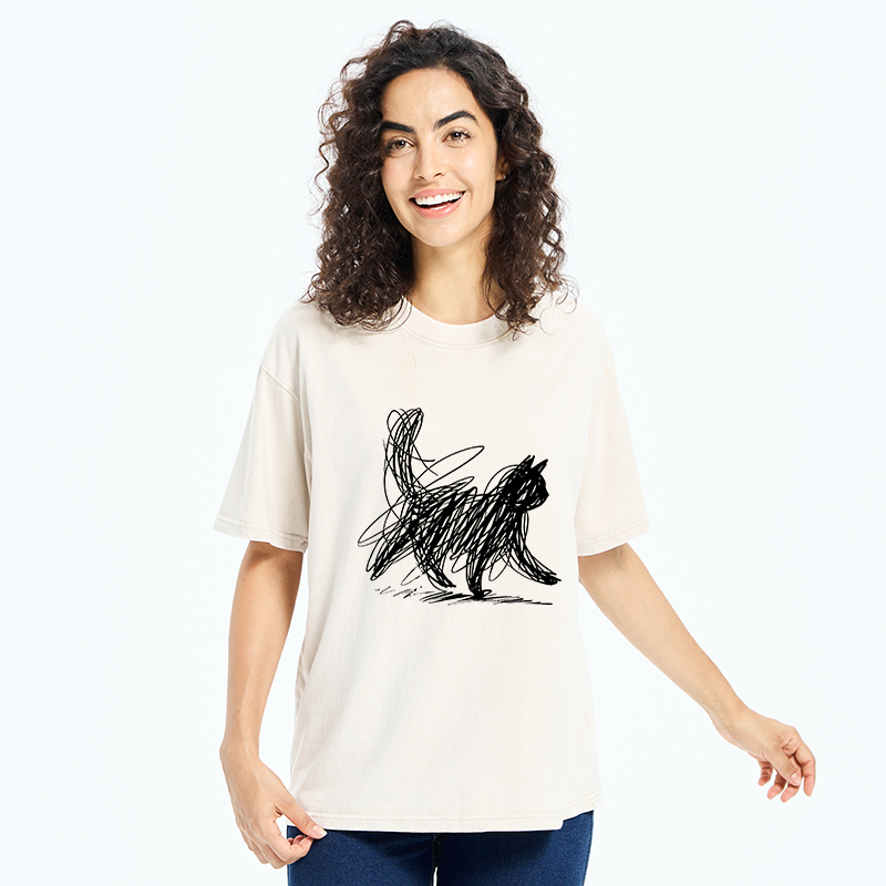 Unisex Minimalist Cat Art Washed T-Shirt