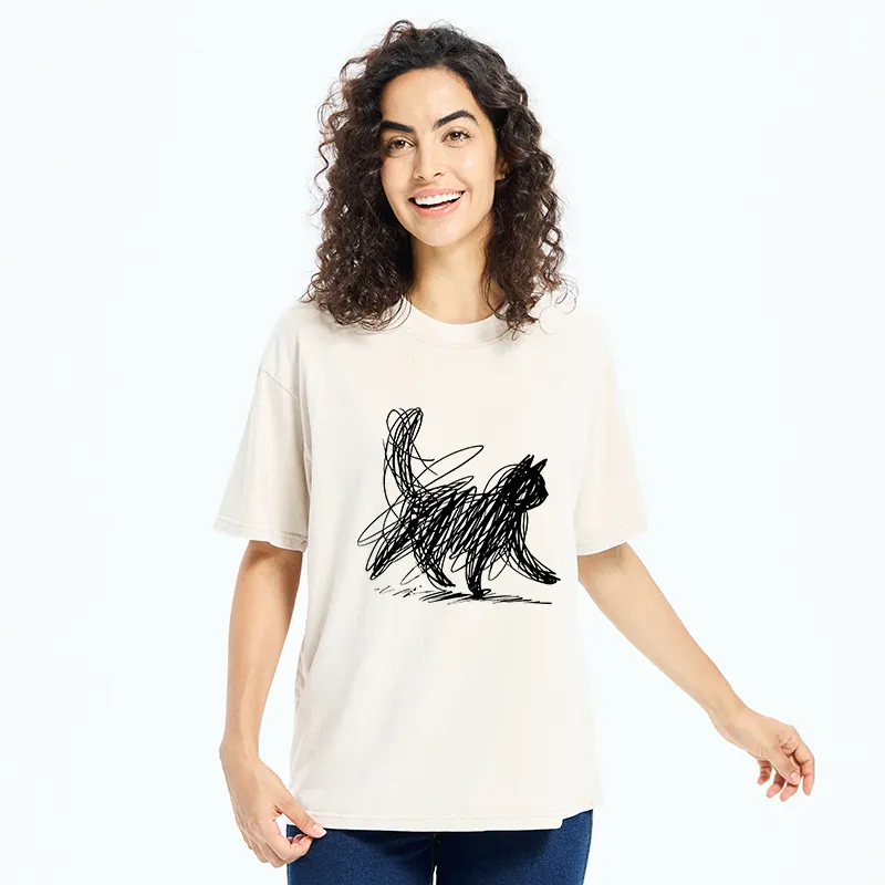 Unisex Minimalist Cat Art Washed T-Shirt