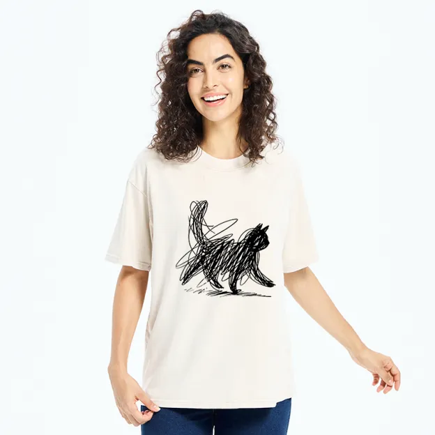 Unisex Minimalist Cat Art Washed T-Shirt