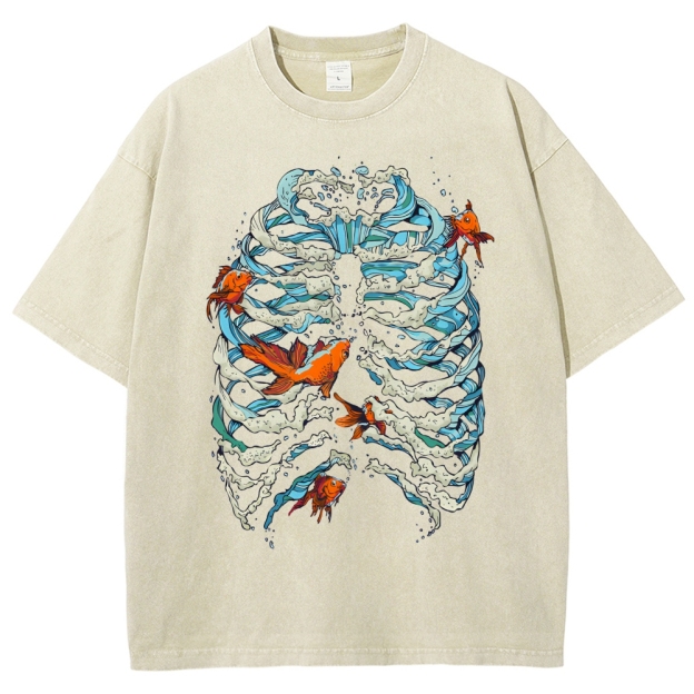 Fish & Wave Bone Art Vintage Cozy T Shirt