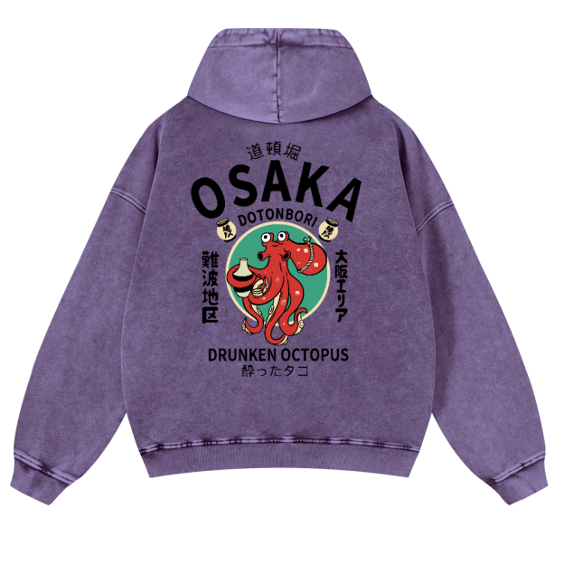 Osaka Dotonbori Drunken Octopus Vintage Washed Cotton Back Art Hoodie