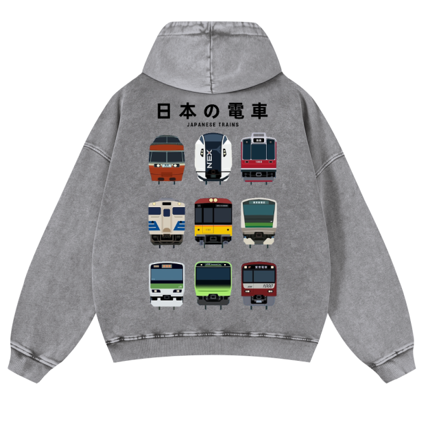 Japanese Trains Vintage Washed Cotton Back Art Hoodie