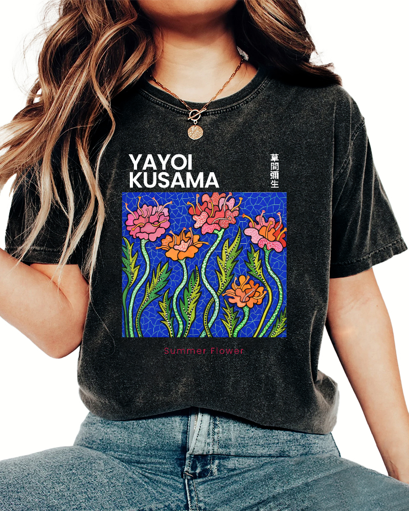 Summer Flower Art Japanese Style Vintage Washed T-shirt