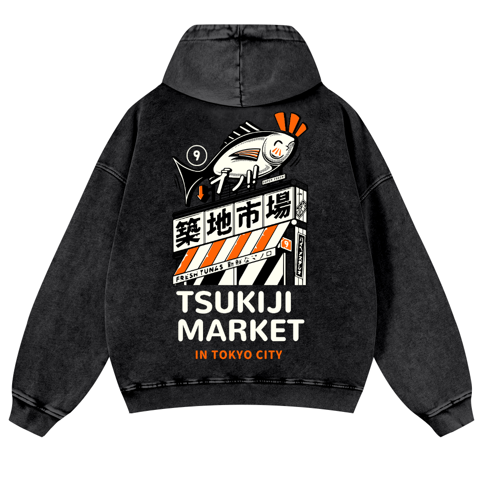 Tsukiji Fish Market Vintage Washed Cotton Back Art Hoodie