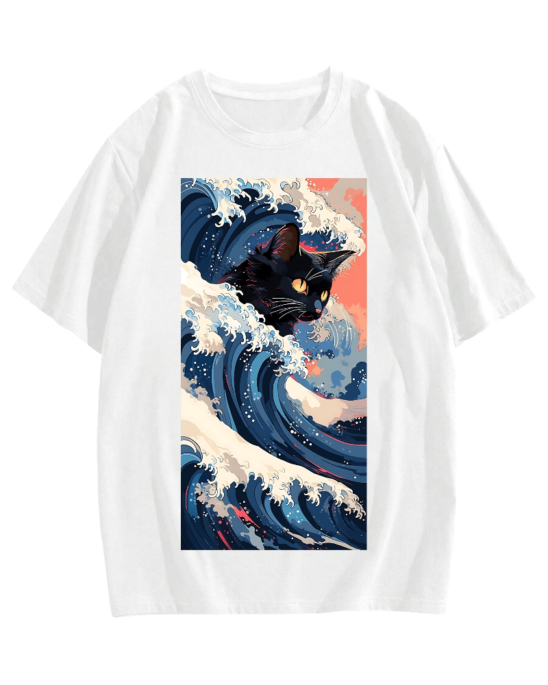 Cat of the Great Wave off Kanagawa Cotton casual T-shirt
