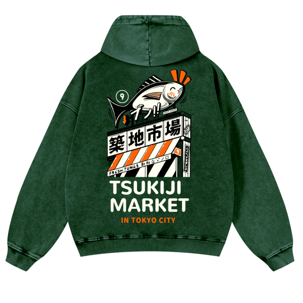 Tsukiji Fish Market Vintage Washed Cotton Back Art Hoodie