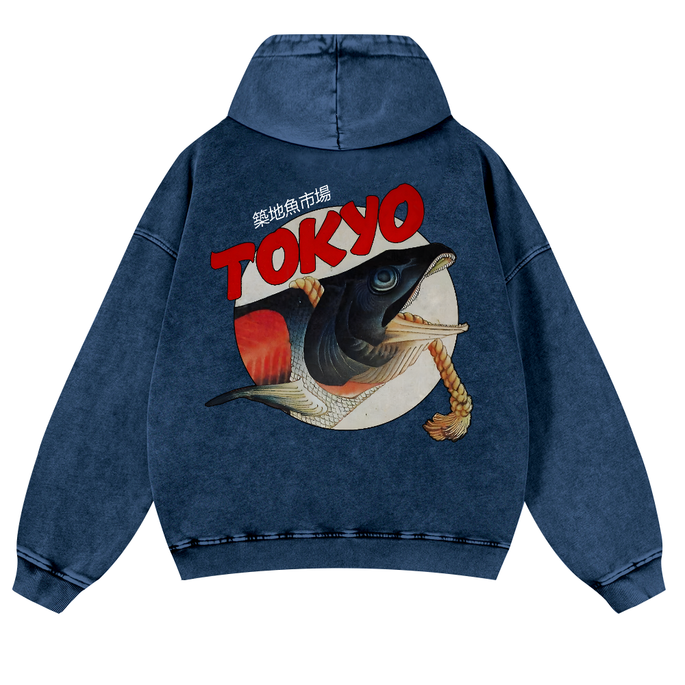 Tsukiji Market Vintage Washed Cotton Back Art Hoodie