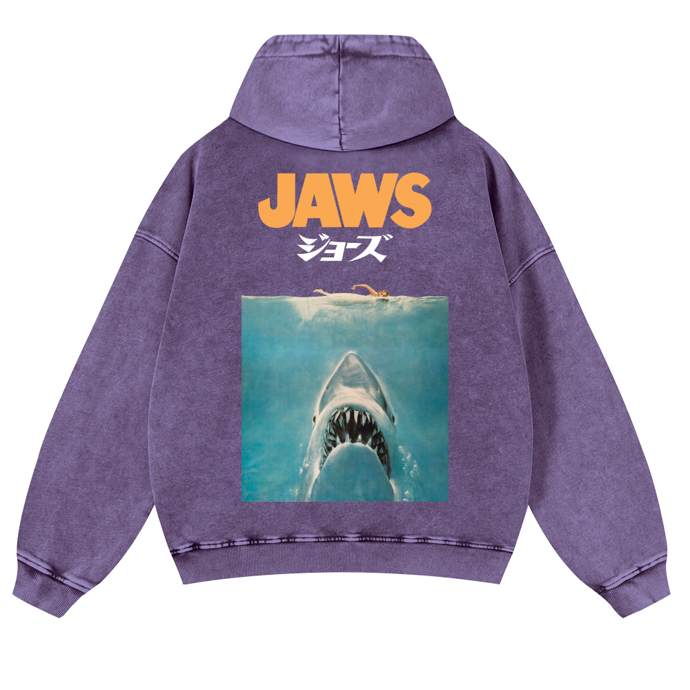 Jaws Shark Vintage Washed Cotton Back Art Hoodie