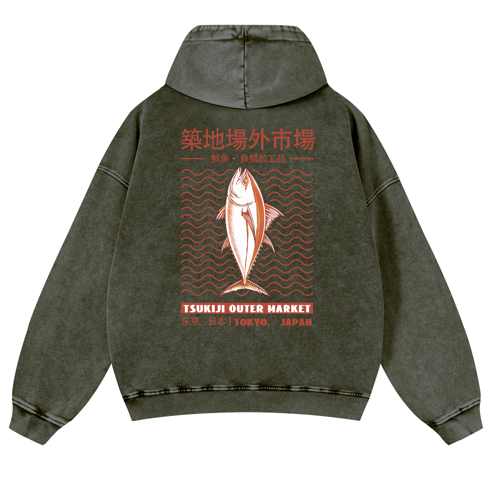 Tsukiji Outer Market Fish Vintage Washed Cotton Back Art Hoodie