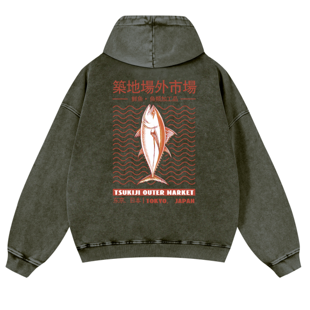 Tsukiji Outer Market Fish Vintage Washed Cotton Back Art Hoodie