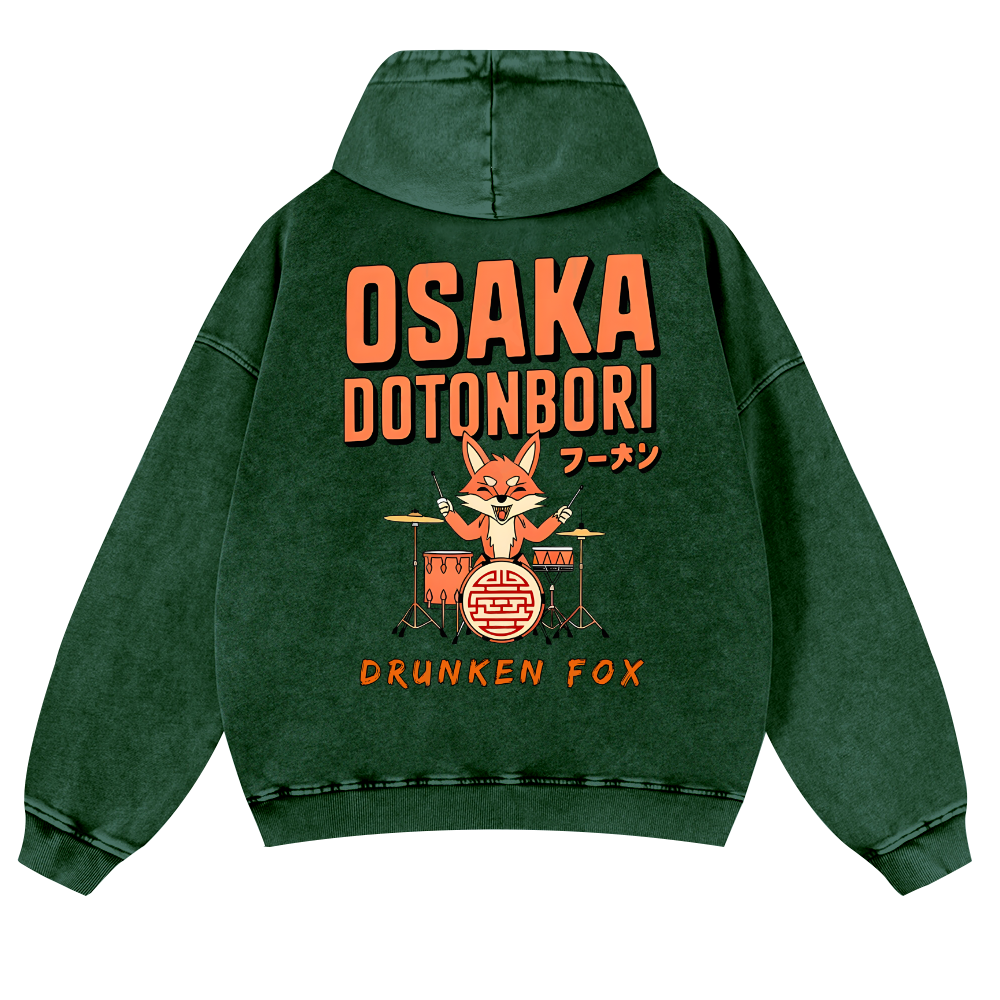 Osaka Dotonbori Drunken Fox Vintage Washed Cotton Back Art Hoodie