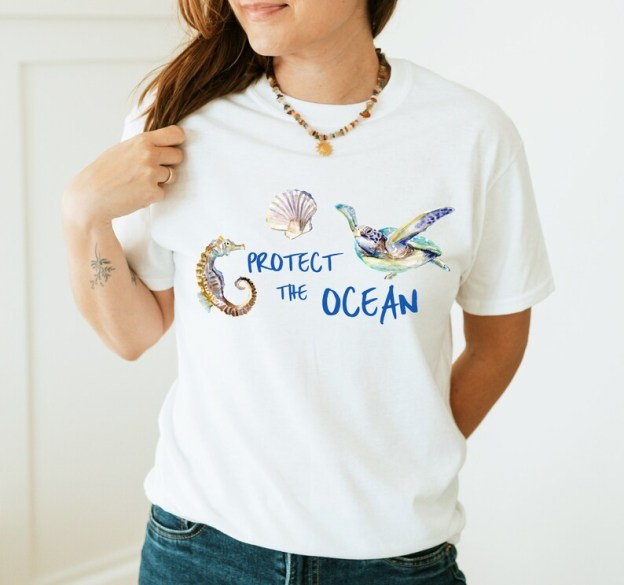 Save the Oceans T-Shirt – Turtle & Seahorse Print Marine Life Beachwear