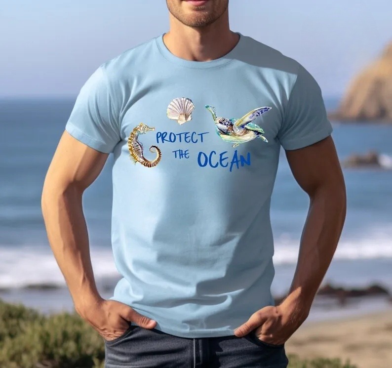 Save the Oceans T-Shirt – Turtle & Seahorse Print Marine Life Beachwear