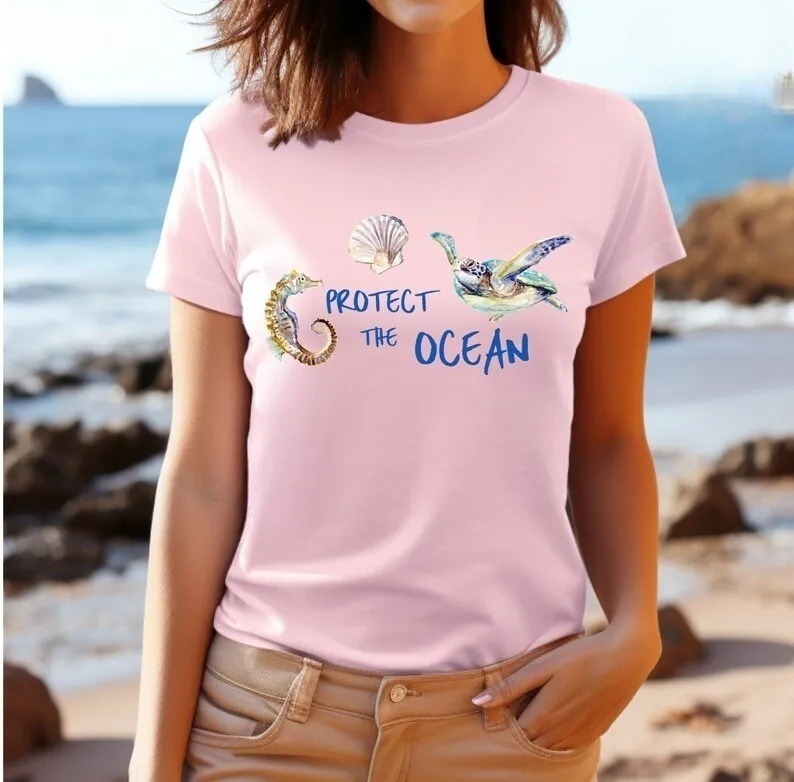 Save the Oceans T-Shirt – Turtle & Seahorse Print Marine Life Beachwear